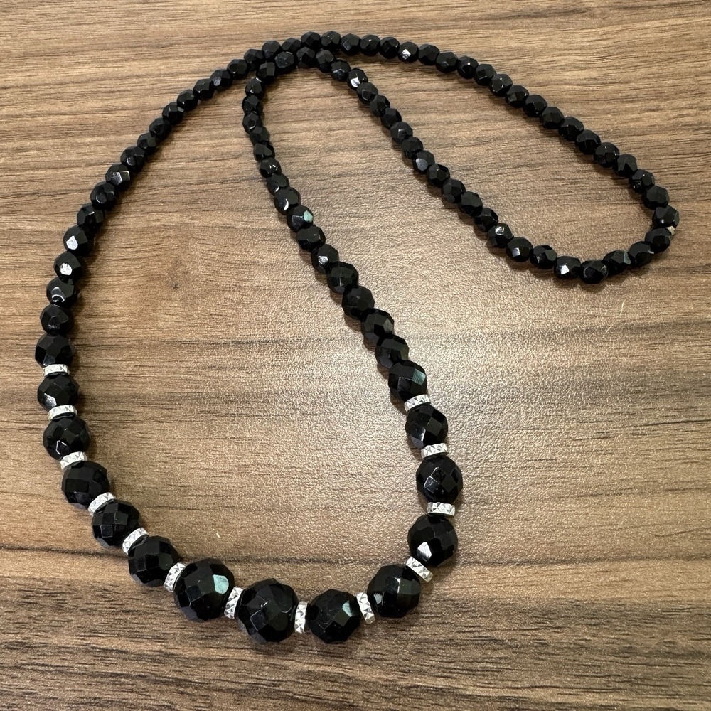 Vintage Faceted Graduated Black Bead With Silver Spacers 24" Necklace